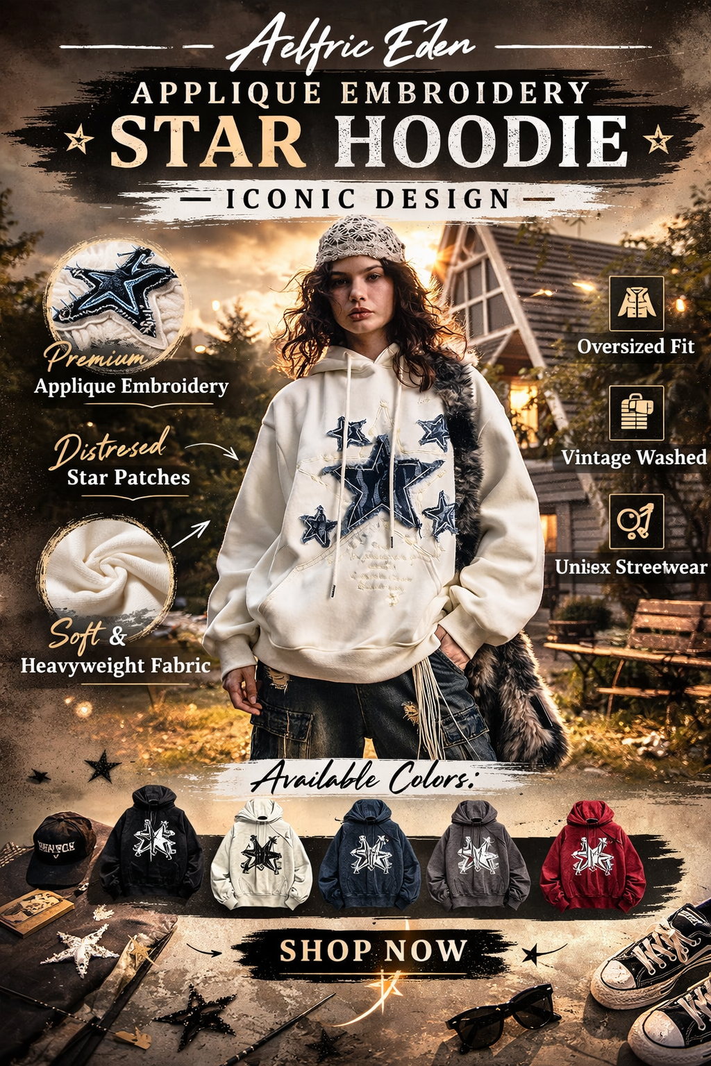 Aelfric Eden Applique Embroidery Star Hoodie Iconic Design